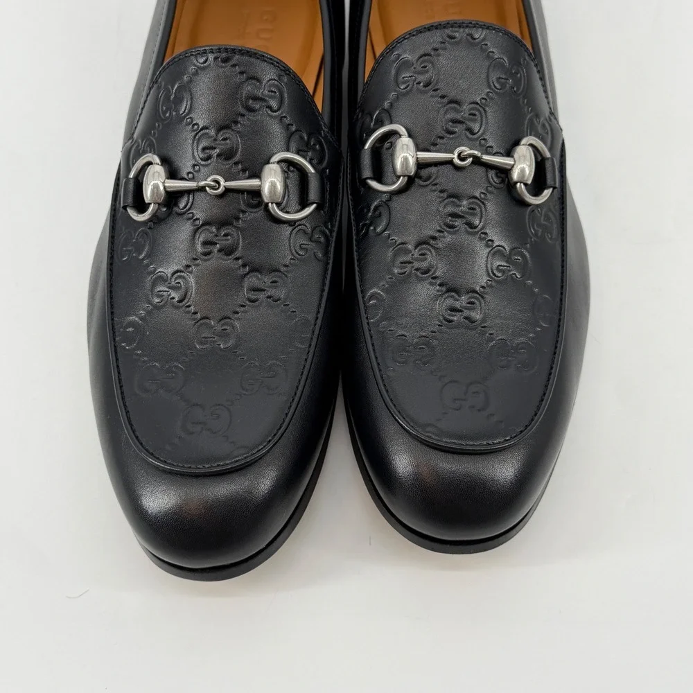 Gucci Mens Real Betis GG Monogram Horsebit Loafers Black Leather Size 7